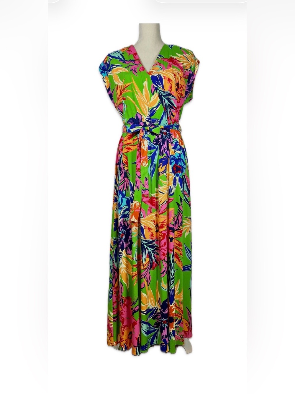 MSK Multicolor Floral Green Midi Dress Size Medium Faux Wrap Belted Waistband